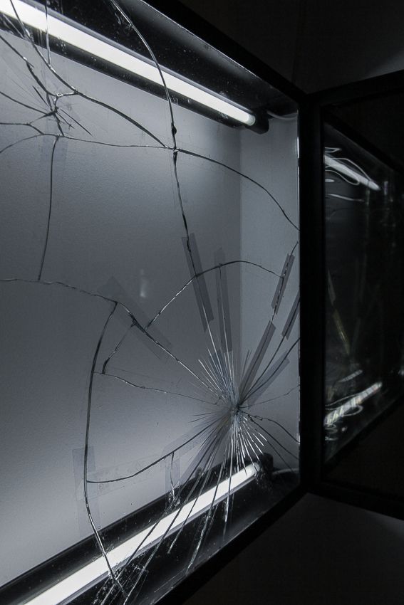 Pablo Rasgado. Afterimage (Repaired Broken Mirror #1), 2014. Welded steel, mirror, filters and fluorescent light, 19 1/2 x 19 1/2 inches (detail)