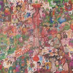 Camilo Restrepo. <em>A Land Reform 9</em>, 2016. Ink, water-soluble wax pastel, tape, stickers, newspaper clippings, glue and saliva on paper, 70 x 74 1/2 inches