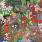 Camilo Restrepo. <em>A Land Reform 9</em>, 2016. Ink, water-soluble wax pastel, tape, stickers, newspaper clippings, glue and saliva on paper, 70 x 74 1/2 inches. Detail