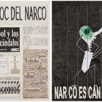 <em>El Bloc Del Narco #1</em>, 2016. Ink, water-soluble wax pastel, tape, glue, newspaper clippings, staples, plastic bag, paper dust and saliva on paper, 16 1/2 x 24 inches