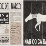 <em>El Bloc Del Narco #2</em>, 2016. Ink, water-soluble wax pastel, tape, glue, newspaper clippings, staples, plastic bag, paper dust and saliva on paper, 16 1/2 x 24 inches