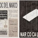 <em>El Bloc Del Narco #3</em>, 2016. Ink, water-soluble wax pastel, tape, glue, newspaper clippings, staples, plastic bag, paper dust and saliva on paper, 16 1/2 x 24 inches