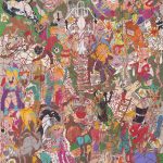 <em>A Land Reform 11</em>, 2016. Ink, water-soluble wax pastel, tape, stickers, newspaper clippings, glue and saliva on paper, 35 x 31 inches