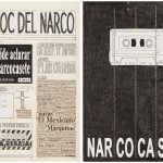 <em>El Bloc Del Narco #5</em>, 2016.  Ink, water-soluble wax pastel, tape, glue, newspaper clippings, staples, plastic bag, paper dust and saliva on paper, 16 1/2 x 24 inches