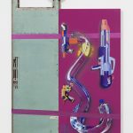 Yung Jake. <em>attention</em>, 2016. UV print, spray paint, ink, tape and clamp on powder coated steel and found metal, 63 x 42 inches