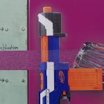 Yung Jake. <em>attention</em>, 2016. UV print, spray paint, ink, tape and clamp on powder coated steel and found metal. 63 x 42 inches. Detail