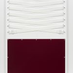 Joshua Saunders. <em>White Over Maroon</em>, 2016. Enamel on aluminum, nylon straps, steel hardware, 60 x 40 inches