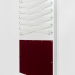 Joshua Saunders. <em>White Over Maroon</em>, 2016. Enamel on aluminum, nylon straps, steel hardware, 60 x 40 inches