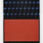 Joshua Saunders. <em>Purple Palms Over Orange</em>, 2016. Enamel on aluminum panel, stainless steel bolts, 60 x 40 inches