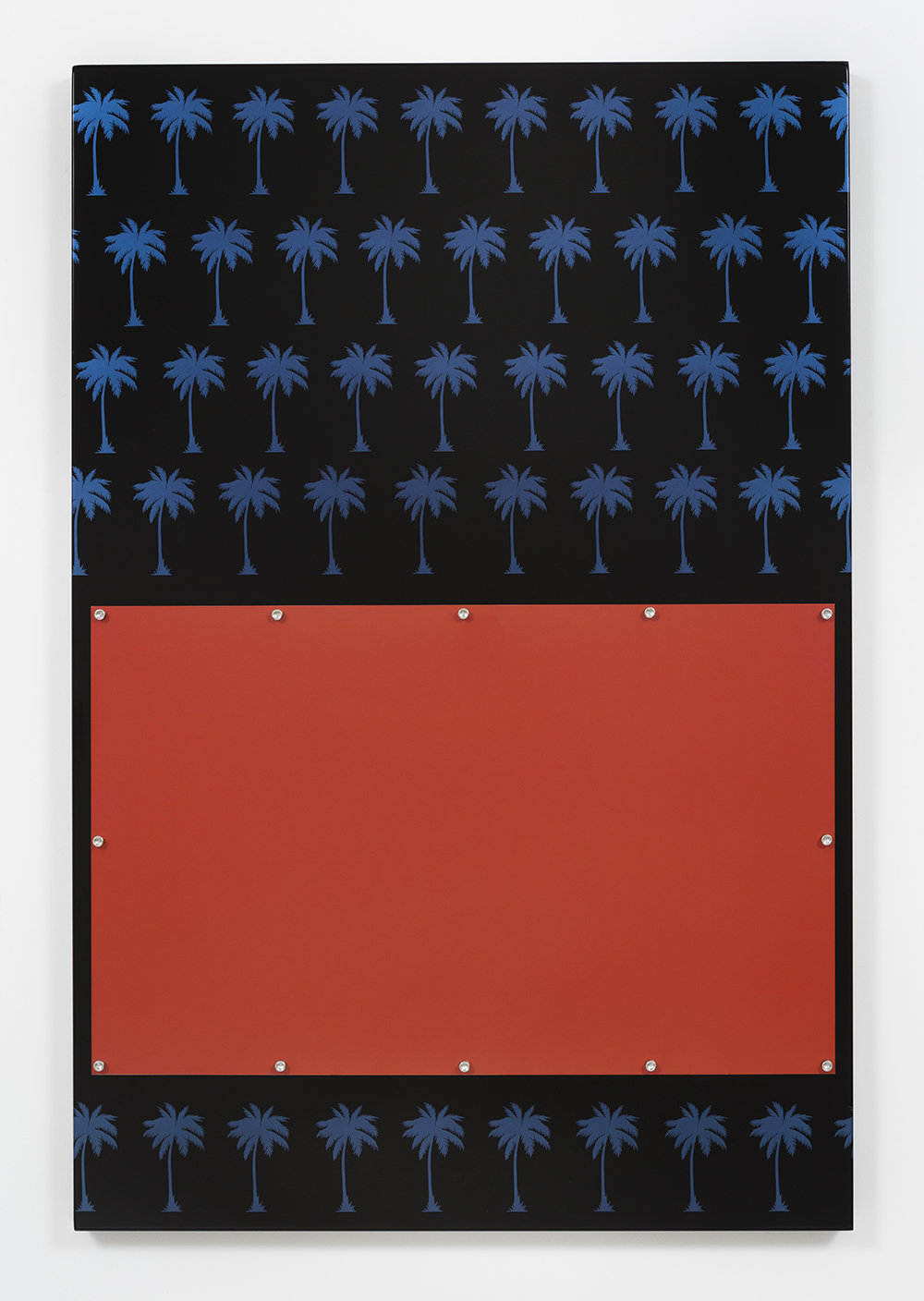 Joshua Saunders. <em>Purple Palms Over Orange</em>, 2016. Enamel on aluminum panel, stainless steel bolts, 60 x 40 inches