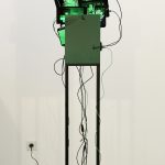 Émilie Brout & Maxime Marion. <em> Oasis Max Life</em>, 2016. Tablet computers in floral foam, steel pedestal, 59 x 15 3/4 x 15 3/4 inches (150 x 40 x 40 cm)