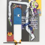 <em>A B C</em>, 2017. UV print, spray paint, duct tape, vice, and Model Magic® on powder coated steel and found metal, 49 x 39 x 3 inches