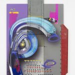 <em>ok!</em>, 2017. UV print, spray paint, stickers, ink, oil on powder coated steel and found metal, 64 x 43 x 3 inches