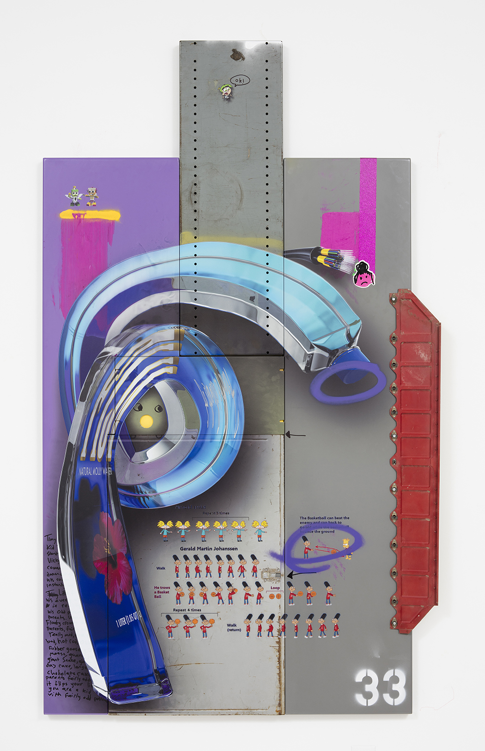 <em>ok!</em>, 2017. UV print, spray paint, stickers, ink, oil on powder coated steel and found metal, 64 x 43 x 3 inches