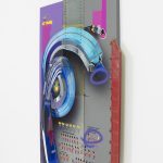 <em>ok!</em>, 2017. UV print, spray paint, stickers, ink, oil on powder coated steel and found metal, 64 x 43 x 3 inches