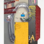 <em>ESP-130 (👅’s)</em>, 2017. UV print, spray paint, duct tape, ink, Model Magic® and oil on powder coated steel and found metal, 49 x 39 x 3 inches