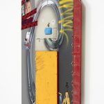 <em>ESP-130 (👅’s)</em>, 2017. UV print, spray paint, duct tape, ink, Model Magic® and oil on powder coated steel and found metal, 49 x 39 x 3 inches