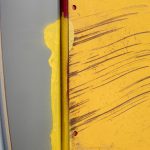 <em>ESP-130 (👅’s)</em>, 2017. UV print, spray paint, duct tape, ink, Model Magic® and oil on powder coated steel and found metal, 49 x 39 x 3 inches. Detail