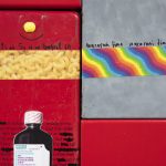 <em><strike>fuckers</strike> in school telling me, always in the barber shop chief keef ain’t bout this, chief keef ain’t bout that my boy a bd on <strike>fucking</strike> lamron and them he, he they say that <strike>nigga</strike> don’t be putting in no work shut the <strike>fuck</strike> up! y’all <strike>niggas</strike> ain’t know shit all ya <strike>motherfuckers</strike> talk about chief keef ain’t no hitta chief keef ain’t this chief keef a fake shut the <strike>fuck</strike> up y’all don’t live with that <strike>nigga</strike> y’all know that <strike>nigga</strike> got caught with a ratchet shootin’ at the police and shit <strike>nigga</strike> been on probation since <strike>fuckin</strike>, i don’t know when! <strike>motherfuckers</strike> stop <strike>fuckin’</strike> playin’ him like that them <strike>niggas</strike> savages out there if i catch another <strike>motherfucker</strike> talking sweet about chief keef i’m <strike>fucking</strike> beating they <strike>ass</strike>! i’m not <strike>fucking</strike> playing no more you know those <strike>niggas</strike> role with lil’ reese and them</em>, 2017. UV print, spray paint, duct tape, stickers, ink and Model Magic® on powder coated steel and found metal, 64 x 43 x 3 inches. Detail