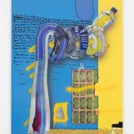 <em>let’s build</em>, 2017. UV print, spray paint, duct tape, ink, circuit board, bag of nuts and oil on powder coated steel, 49 x 39 x 3 inches