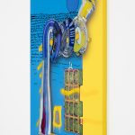 <em>let’s build</em>, 2017. UV print, spray paint, duct tape, ink, circuit board, bag of nuts and oil on powder coated steel, 49 x 39 x 3 inches