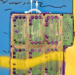 <em>let’s build</em>, 2017. UV print, spray paint, duct tape, ink, circuit board, bag of nuts and oil on powder coated steel, 49 x 39 x 3 inches. Detail