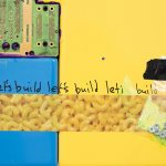 <em>let’s build</em>, 2017. UV print, spray paint, duct tape, ink, circuit board, bag of nuts and oil on powder coated steel, 49 x 39 x 3 inches. Detail