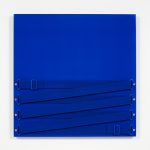 Joshua Saunders. <em>20/20</em>, 2016. Enamel on aluminum, nylon straps, stainless steel, 30 x 30 inches