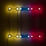 G.T. Pellizzi. <em>Conduits in Red, Yellow and Blue (Figure 66)</em>, 2016. Galvanized steel, copper wire, porcelain fixtures and ceramic coated light bulbs, 54 x 54 inches