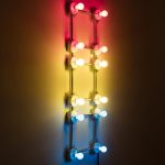 G.T. Pellizzi. <em>Conduits in Red, Yellow and Blue (Figure 67)</em>, 2016. Galvanized steel, copper wire, porcelain fixtures and ceramic coated light bulbs, 54 x 18 inches