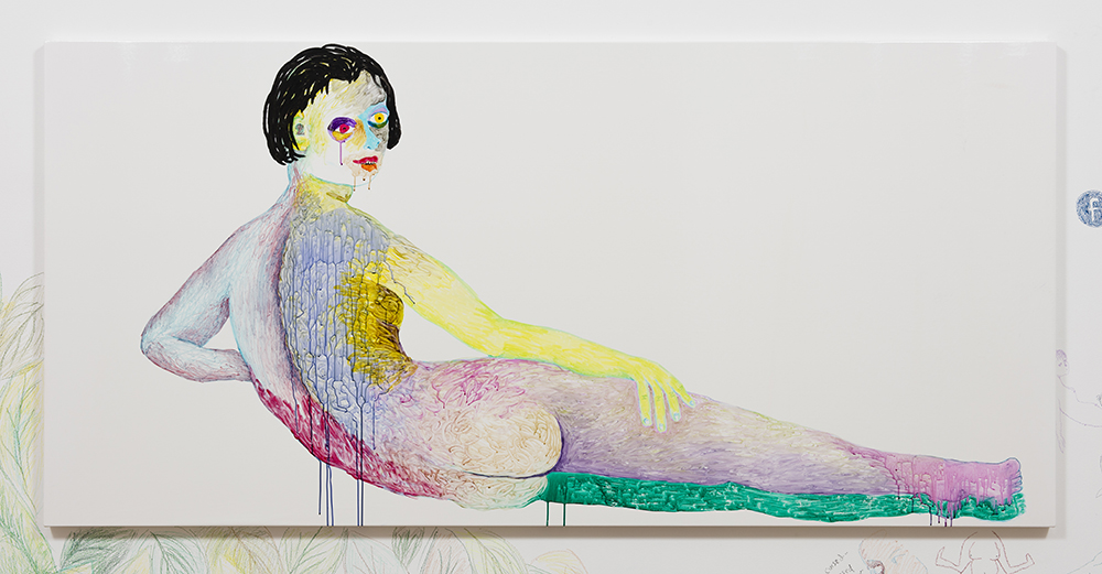 Ann Hirsch. <em>Jean</em>, 2017. Fabric marker on velvet, 49 x 102 inches