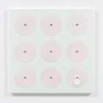 Joshua Saunders. <em>Turquoise/Magenta</em>, 2017. Enamel on aluminum, stainless steel, 30 x 30 x 1 1/2 inches