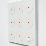 Joshua Saunders. <em>Turquoise/Magenta</em>, 2017. Enamel on aluminum, stainless steel, 30 x 30 x 1 1/2 inches