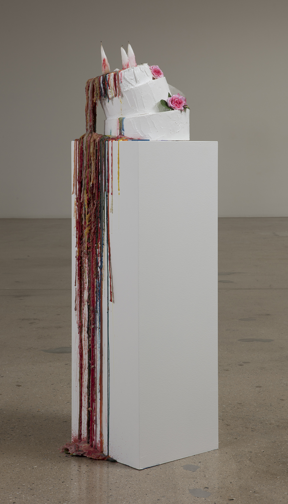 Addie Wagenknecht. <em>Waiting for Mr. Right</em>, 2017. Polystyrene, silicone, alabaster, drip candles and artificial flowers, 47 x 12 1/2 x 11 inches