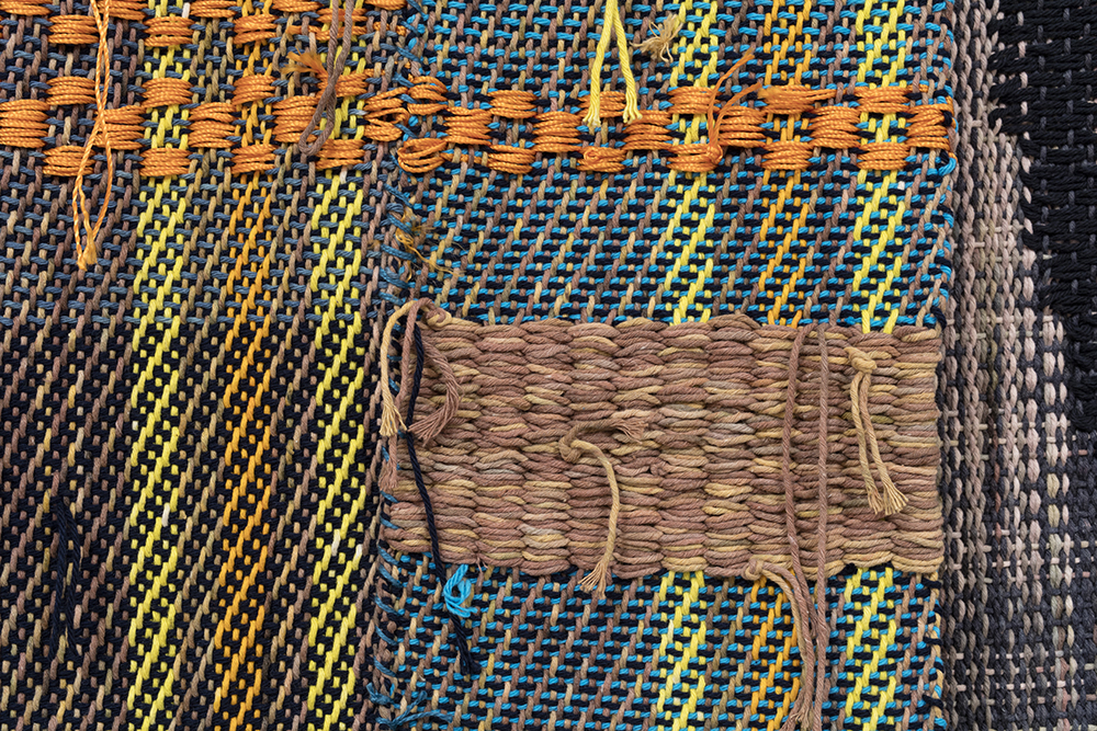 Diedrick Brackens. <em>Blue Under Night</em>, 2017. Woven cotton yarn, 78 x 31 inches & <em>Wading Still</em>, 2017. Woven cotton and nylon yarn, 40 x 29 1/2 inches. Detail