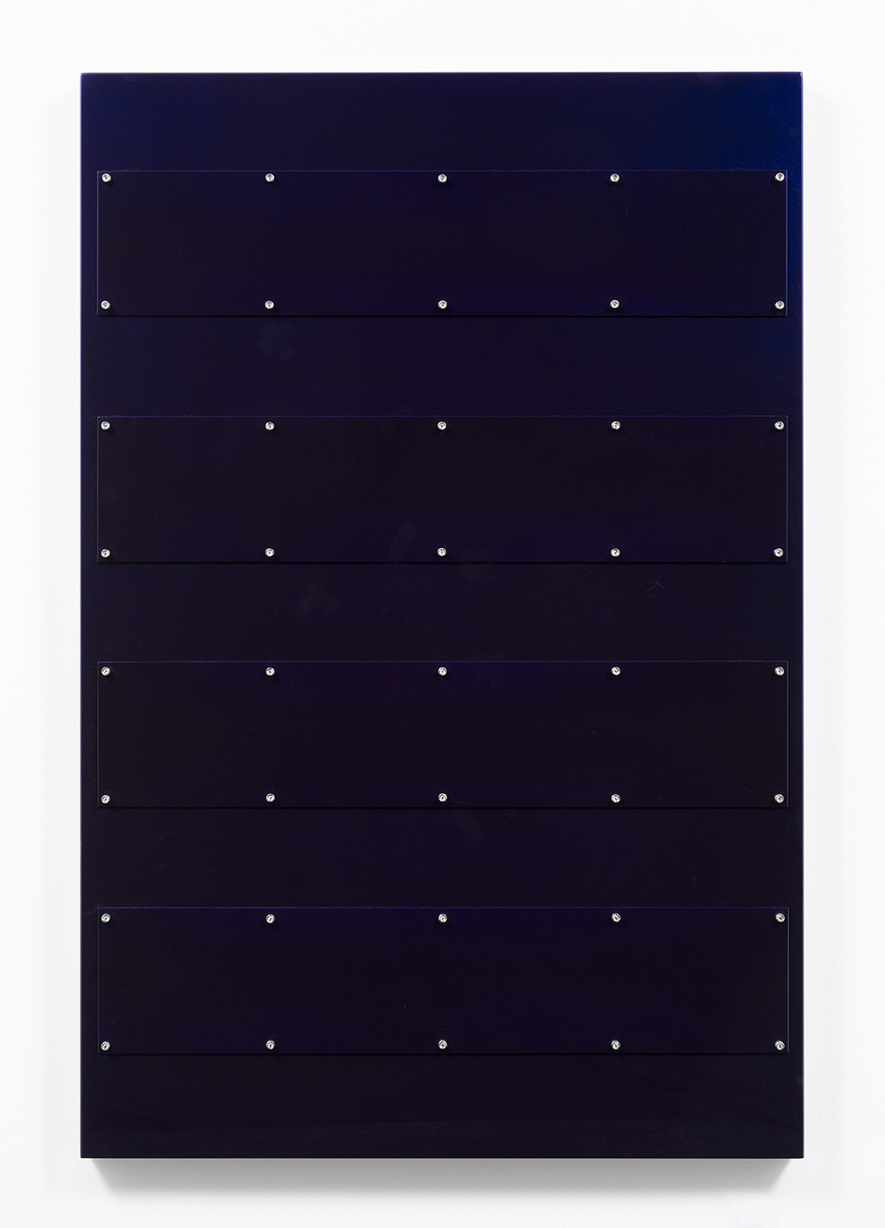 Joshua Saunders. <em>Purple Stack 1</em>, 2017. Enamel on aluminum, stainless steel, 60 x 40 x 1 1/2 inches