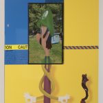 Yung Jake. <em>luigi (with ang and bubble and boomer)</em>, 2017. UV print, spray paint, stickers, tape and ink on powder coated steel, found metal and monitor, 96 x 60 inches