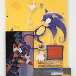 Yung Jake. <em>sonic (and amy rose and spike mario)</em>, 2017. UV print, spray paint, stickers, tape and ink on powder coated steel, found metal and monitor, 84 x 63 3/4 inches