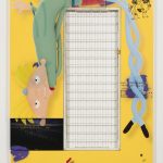 Yung Jake. <em>arnold (also invader zim and alakazam)</em>, 2017. UV print, spray paint, stickers, tape and ink on powder coated steel, found metal and monitor; video, 84 x 60 inches