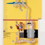 Yung Jake. <em>bender (w conker, iron giant and jiggly puff and earthworm jim)</em>, 2017. UV print, spray paint, stickers, tape and ink on powder coated steel, found metal and monitor, 96 x 67 inches