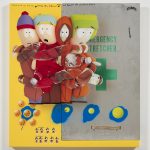 Yung Jake. <em>stan, cartman, kenny and kyle (and dot)</em>, 2017. UV print, spray paint, sticker and ink on powder coated steel and found metal, 45 x 40 1/2 inches