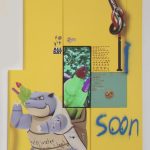 Yung Jake. <em>blastoise (with sim a and scar), 2017. UV print, spray paint, stickers, tape and ink on powder coated steel, found metal and monitor; video, 96 x 60 inches