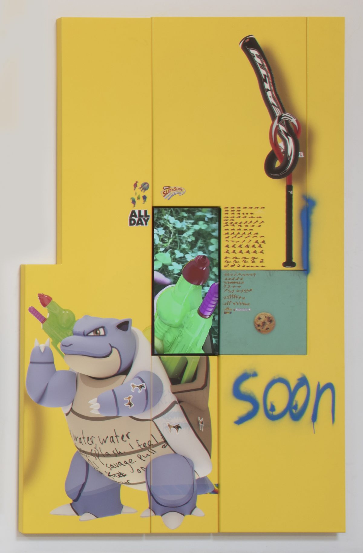 Yung Jake. <em>blastoise (with sim a and scar), 2017. UV print, spray paint, stickers, tape and ink on powder coated steel, found metal and monitor; video, 96 x 60 inches