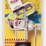 Yung Jake. <em>tails (w ken masters)</em>, 2017. UV print, spray paint, tape and ink on powder coated steel and found metal, 42 x 17 inches