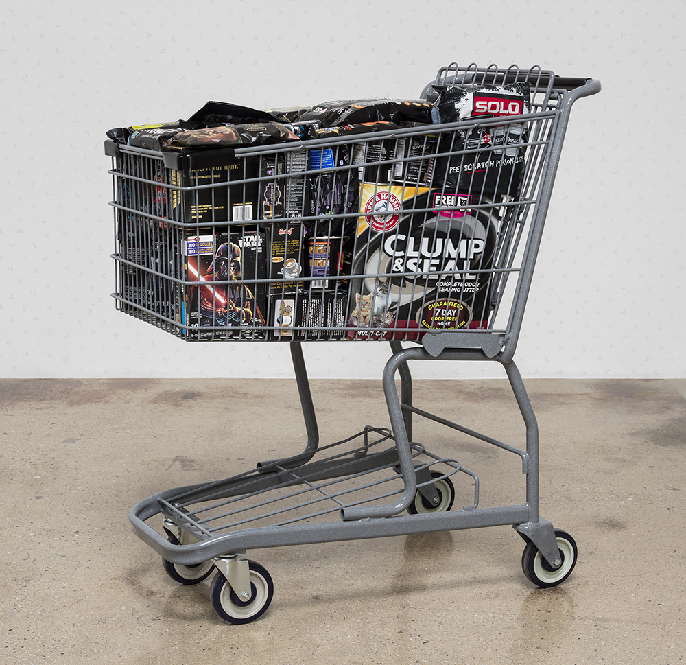 Adriana Martinez. <em>CMYK</em>, 2017. Metal shopping carts, plastic, spray paint and packed groceries, 41 x 25 x 32 inches (104.1 x 63.5 x 81.3 cm)
