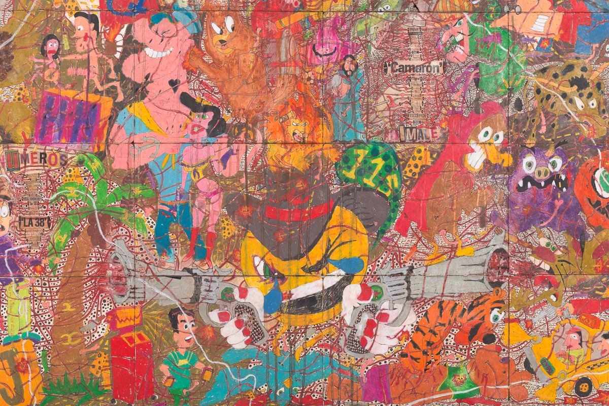 Camilo Restrepo. <em>A Land Reform 15</em>, 2017. Ink, water-soluble wax pastel, tape, stickers, newspaper clippings, glue and saliva on paper, 45 3/4 x 94 inches (116.3 x 238.8 cm) Detail