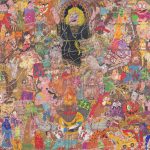 Camilo Restrepo. <em>A Land Reform 15</em>, 2017. Ink, water-soluble wax pastel, tape, stickers, newspaper clippings, glue and saliva on paper, 45 3/4 x 94 inches (116.3 x 238.8 cm)