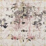 Camilo Restrepo. <em>A Land Reform 15</em>, 2017. Ink, water-soluble wax pastel, tape, stickers, newspaper clippings, glue and saliva on paper, 45 3/4 x 94 inches (116.3 x 238.8 cm) (back)