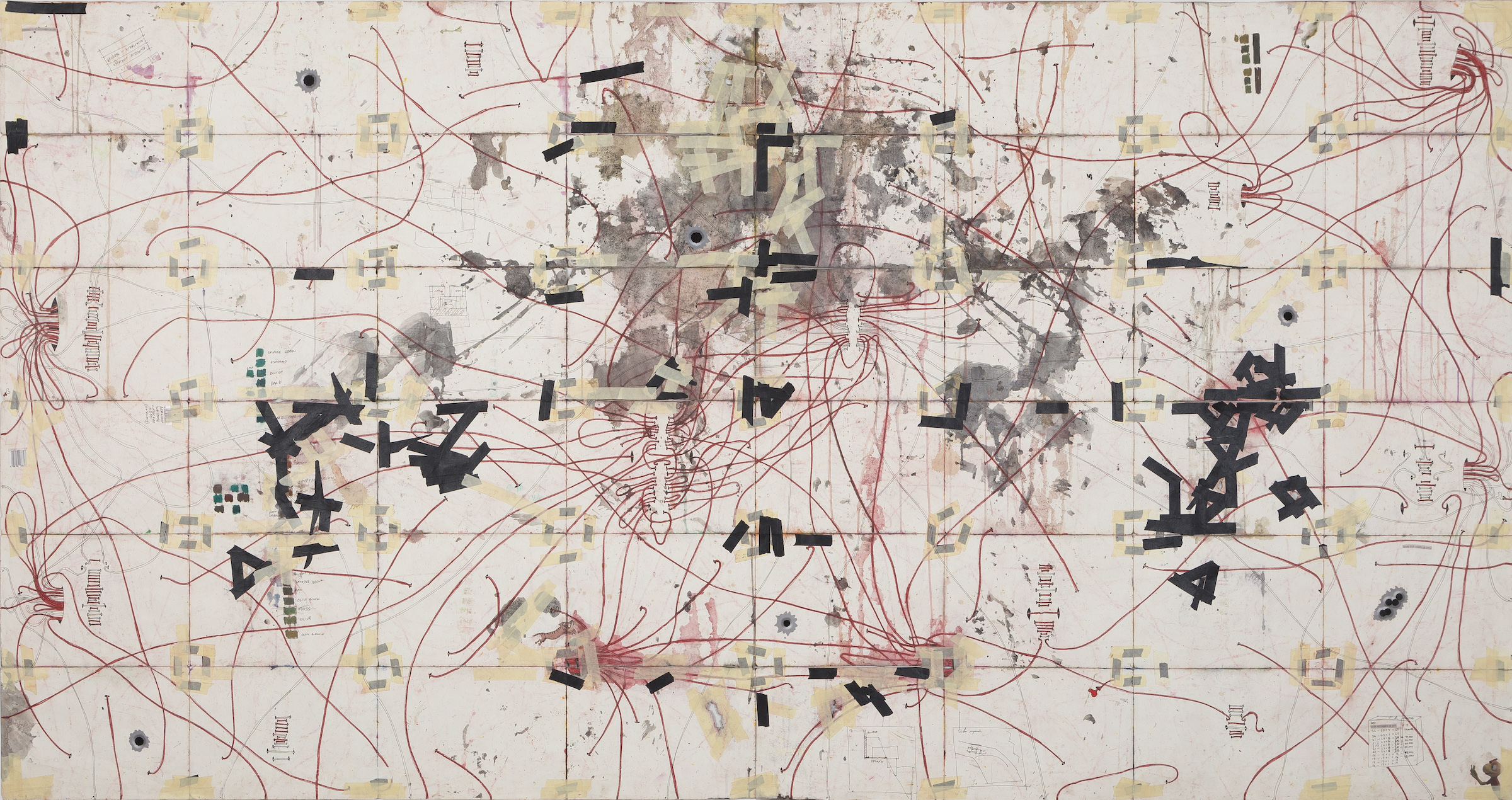 Camilo Restrepo. <em>A Land Reform 15</em>, 2017. Ink, water-soluble wax pastel, tape, stickers, newspaper clippings, glue and saliva on paper, 45 3/4 x 94 inches (116.3 x 238.8 cm) (back)
