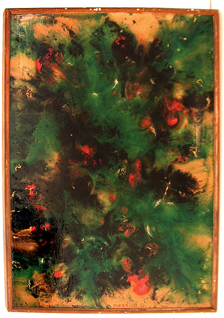 Knud Merrild.<em>Apostasy</em>, 1951. Oil flux on paper mounted to board, 19 3/4 x 15 inches (50.2 x 38.1 cm)